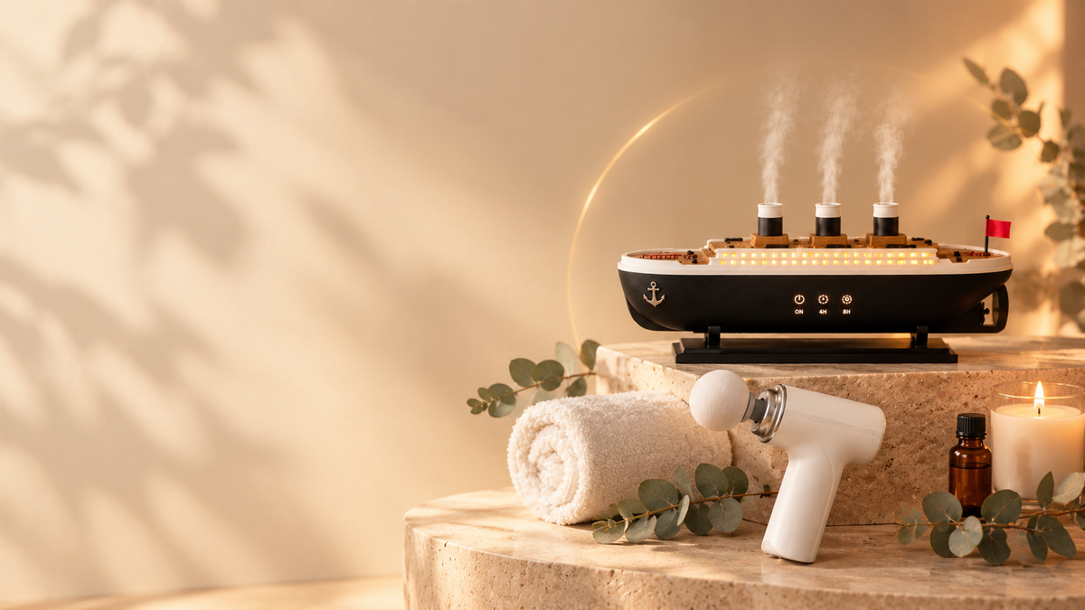 Rincón de relajación con difusor de aromas, vela, toalla y eucalipto